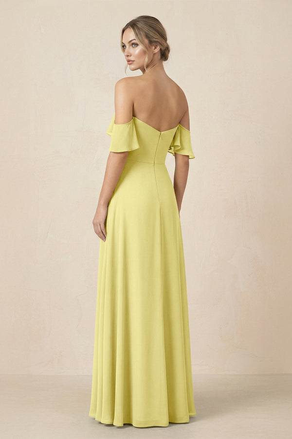 Off-the-Shoulder A-Line Chiffon Ruched Bridesmaid Dress in Buttercup - SHE IS ME BRIDESMAID DRESSES