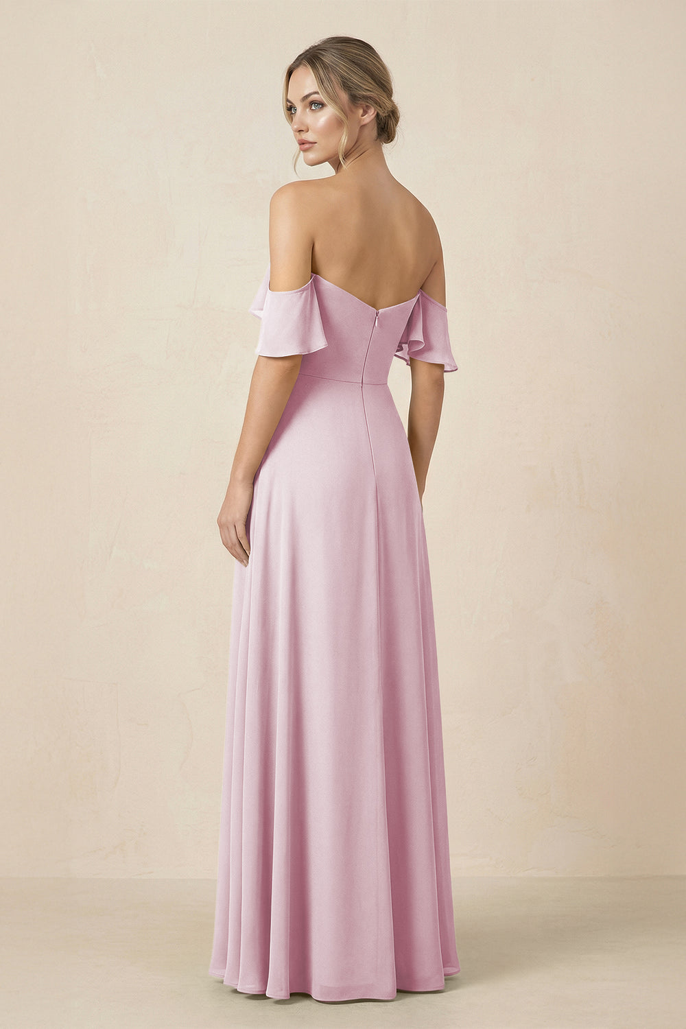 Off-the-Shoulder A-Line Chiffon Ruched Bridesmaid Dress in Candy Pink