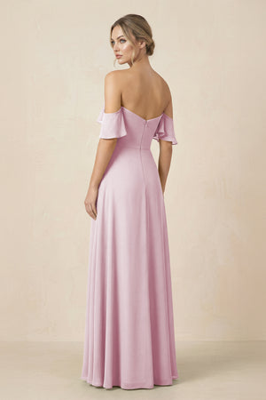 Off-the-Shoulder A-Line Chiffon Ruched Bridesmaid Dress in Candy Pink (2) | KISSBRIDAL