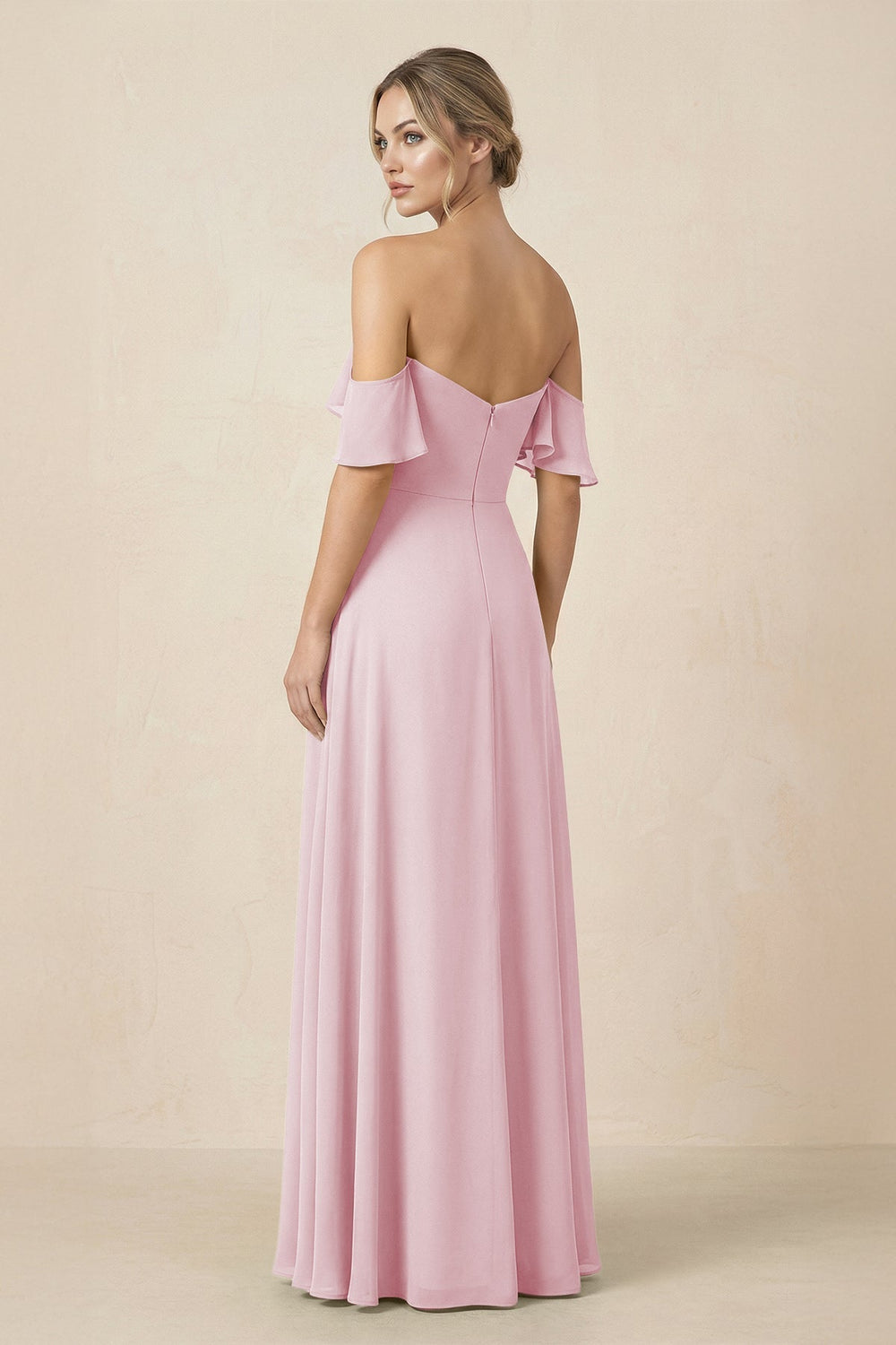 Off-the-Shoulder A-Line Chiffon Ruched Bridesmaid Dress in Candy Pink - KISS BRIDAL BRIDESMAID DRESSES