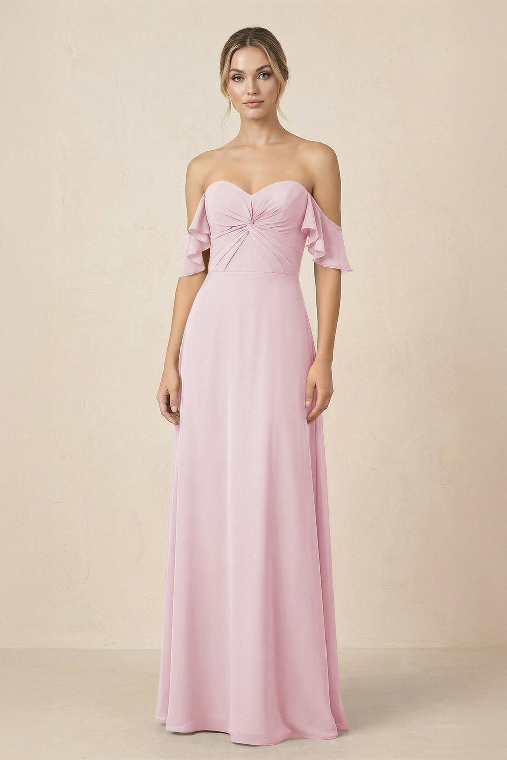 Off-the-Shoulder A-Line Chiffon Ruched Bridesmaid Dress in Candy Pink - KISS BRIDAL BRIDESMAID DRESSES