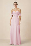 Off-the-Shoulder A-Line Chiffon Ruched Bridesmaid Dress in Candy Pink - SHE IS ME BRIDESMAID DRESSES