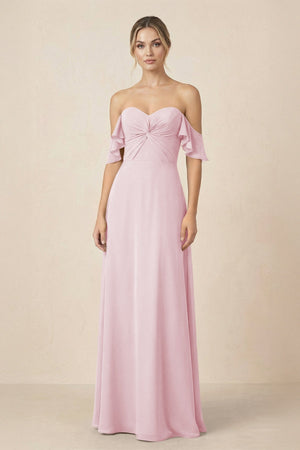 Off-the-Shoulder A-Line Chiffon Ruched Bridesmaid Dress in Candy Pink - SHE IS ME BRIDESMAID DRESSES
