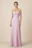 Off-the-Shoulder A-Line Chiffon Ruched Bridesmaid Dress in Candy Pink | KISSBRIDAL