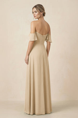 Off-the-Shoulder A-Line Chiffon Ruched Bridesmaid Dress in Champagne (2) | KISSBRIDAL