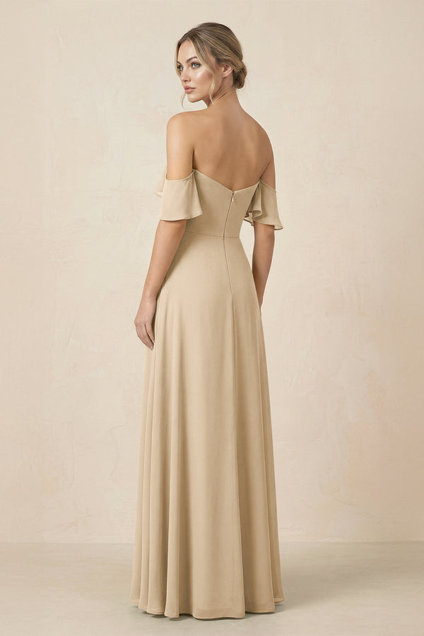 Off-the-Shoulder A-Line Chiffon Ruched Bridesmaid Dress in Champagne (2) | KISSBRIDAL