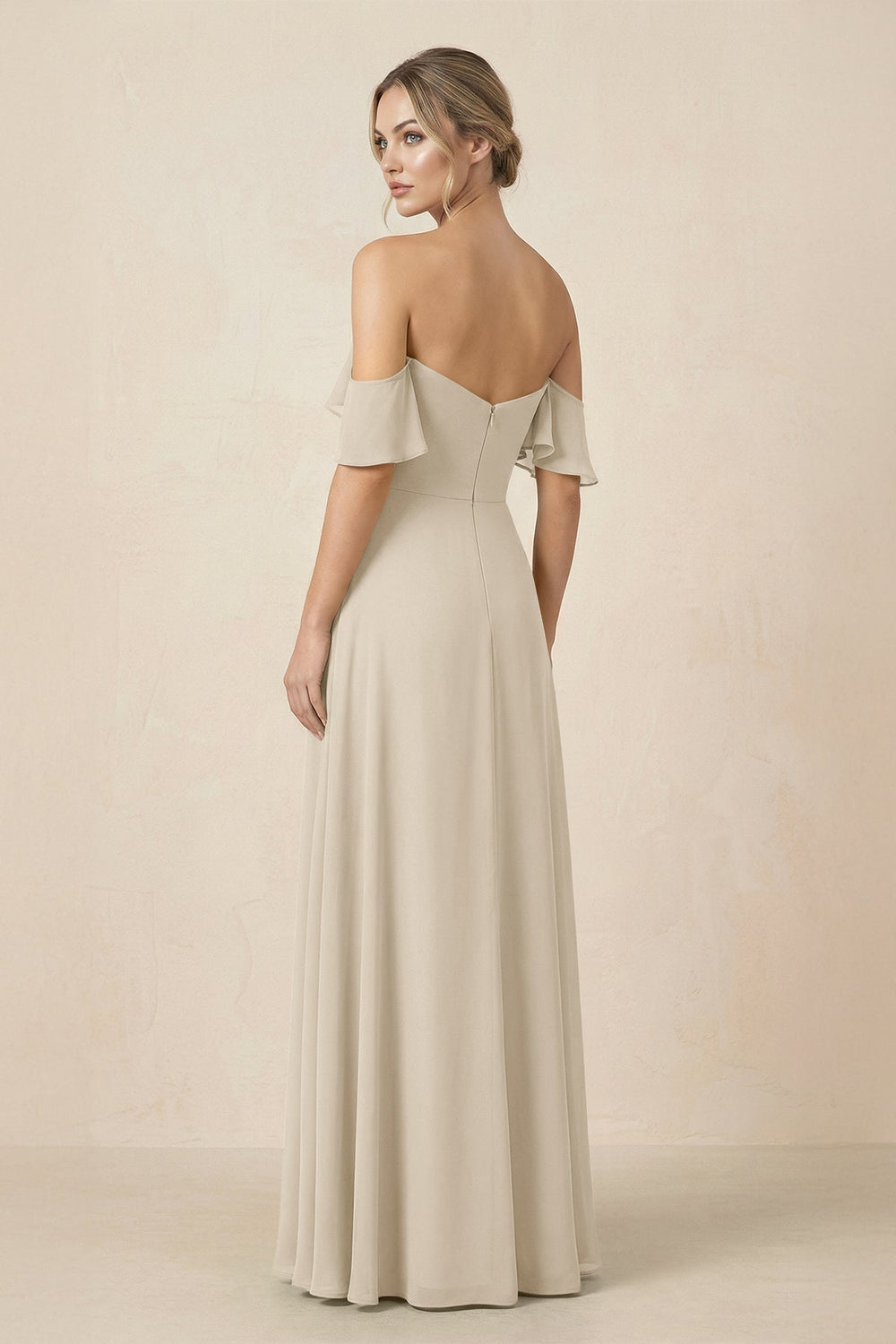 Off-the-Shoulder A-Line Chiffon Ruched Bridesmaid Dress in Champagne - KISS BRIDAL BRIDESMAID DRESSES