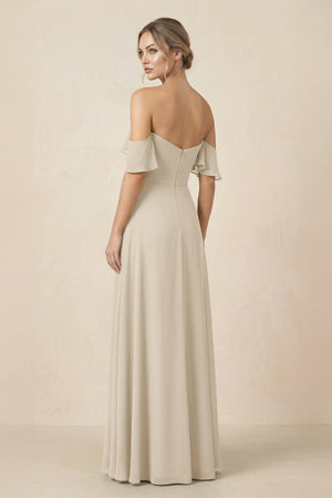 Off-the-Shoulder A-Line Chiffon Ruched Bridesmaid Dress in Champagne - SHE IS ME BRIDESMAID DRESSES