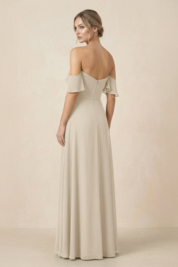 Off-the-Shoulder A-Line Chiffon Ruched Bridesmaid Dress in Champagne - SHE IS ME BRIDESMAID DRESSES
