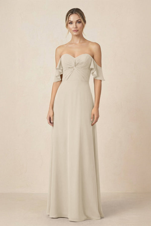 Off-the-Shoulder A-Line Chiffon Ruched Bridesmaid Dress in Champagne - SHE IS ME BRIDESMAID DRESSES