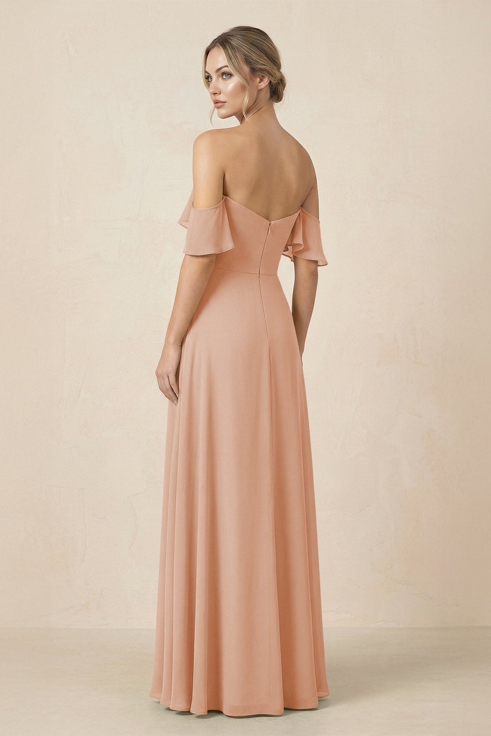 Off-the-Shoulder A-Line Chiffon Ruched Bridesmaid Dress in Champagne Rose - KISS BRIDAL BRIDESMAID DRESSES