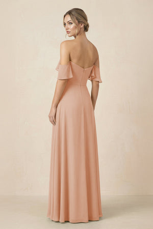 Off-the-Shoulder A-Line Chiffon Ruched Bridesmaid Dress in Champagne Rose - SHE IS ME BRIDESMAID DRESSES