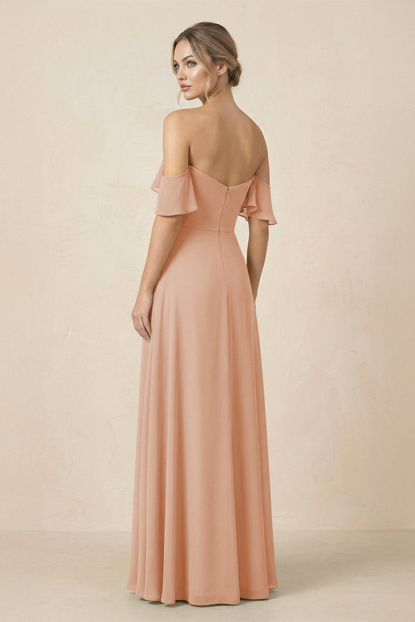 Off-the-Shoulder A-Line Chiffon Ruched Bridesmaid Dress in Champagne Rose - SHE IS ME BRIDESMAID DRESSES