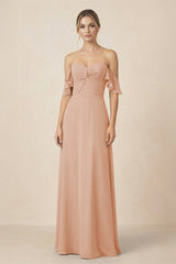 Off-the-Shoulder A-Line Chiffon Ruched Bridesmaid Dress in Champagne Rose - KISS BRIDAL BRIDESMAID DRESSES