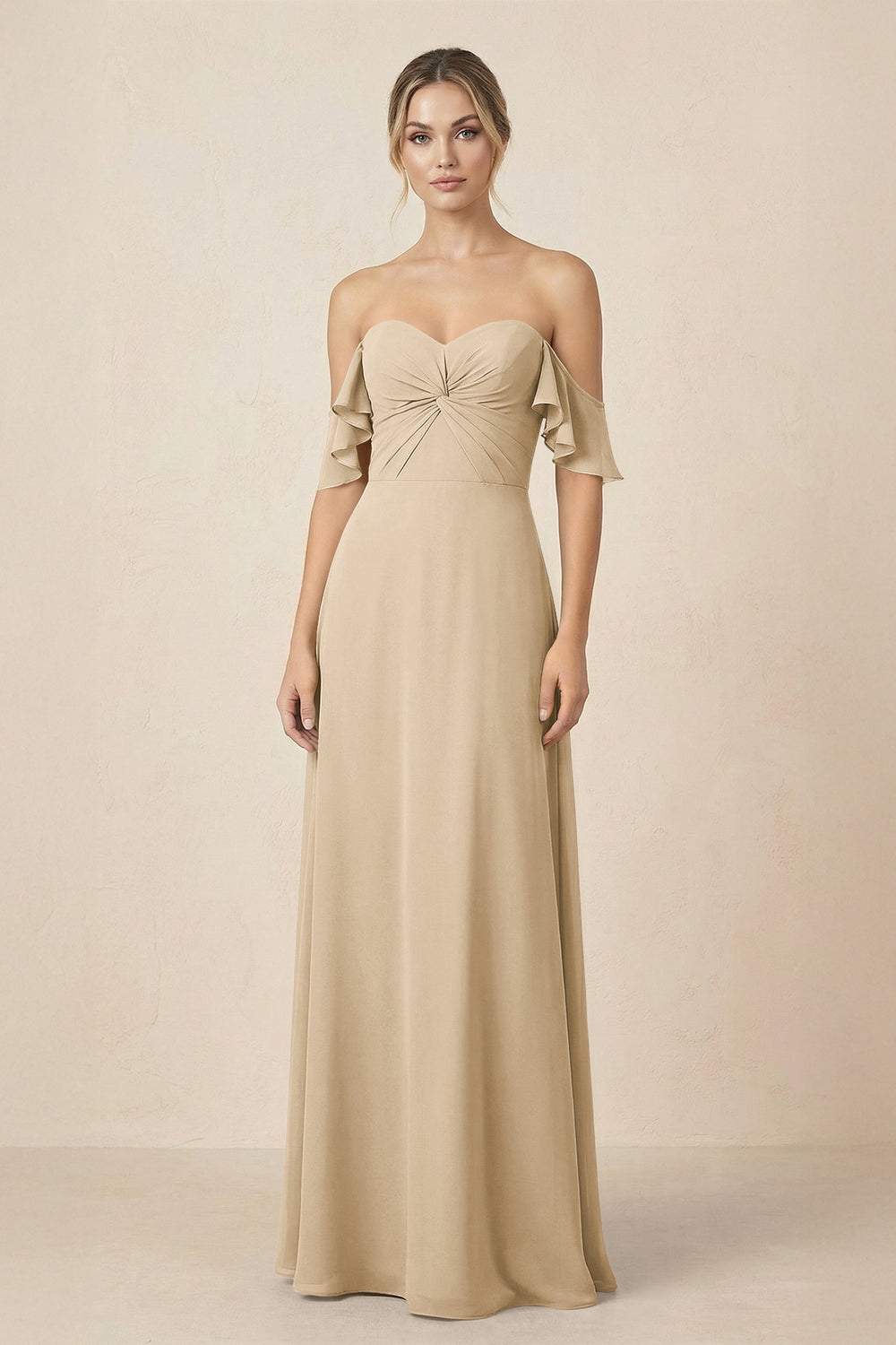 Off-the-Shoulder A-Line Chiffon Ruched Bridesmaid Dress in Champagne