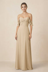 Off-the-Shoulder A-Line Chiffon Ruched Bridesmaid Dress in Champagne | KISSBRIDAL