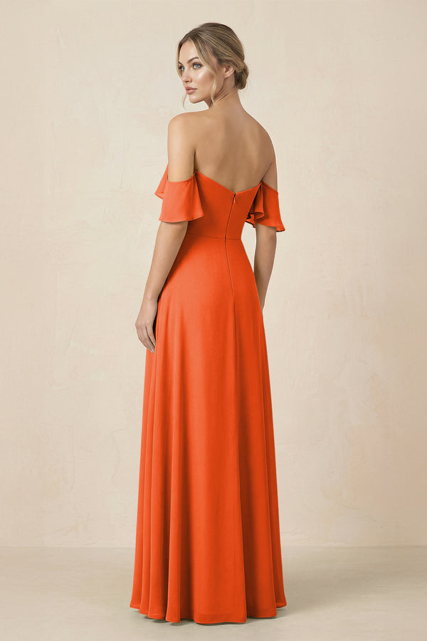 Off-the-Shoulder A-Line Chiffon Ruched Bridesmaid Dress in Cinnamon (2) | KISSBRIDAL