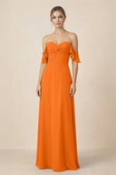 Off-the-Shoulder A-Line Chiffon Ruched Bridesmaid Dress in Cinnamon - SHE IS ME BRIDESMAID DRESSES