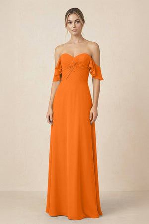 Off-the-Shoulder A-Line Chiffon Ruched Bridesmaid Dress in Cinnamon - SHE IS ME BRIDESMAID DRESSES