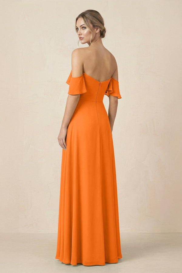 Off-the-Shoulder A-Line Chiffon Ruched Bridesmaid Dress in Cinnamon - SHE IS ME BRIDESMAID DRESSES