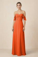 Off-the-Shoulder A-Line Chiffon Ruched Bridesmaid Dress in Cinnamon | KISSBRIDAL