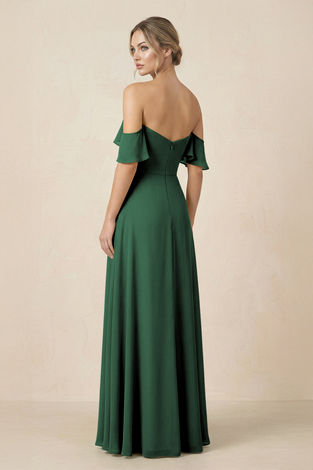 Off-the-Shoulder A-Line Chiffon Ruched Bridesmaid Dress in Dark Green