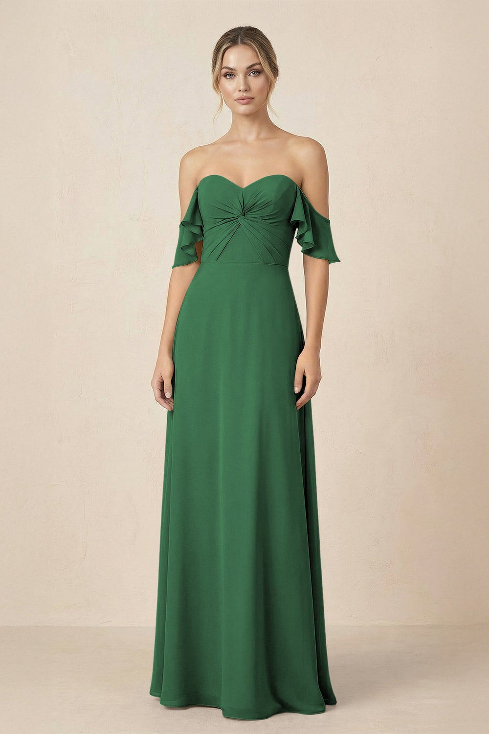Off-the-Shoulder A-Line Chiffon Ruched Bridesmaid Dress in Dark Green - KISS BRIDAL BRIDESMAID DRESSES