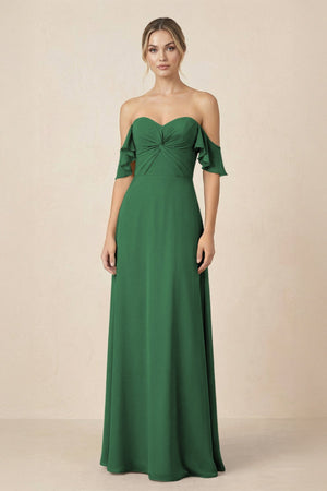 Off-the-Shoulder A-Line Chiffon Ruched Bridesmaid Dress in Dark Green - SHE IS ME BRIDESMAID DRESSES