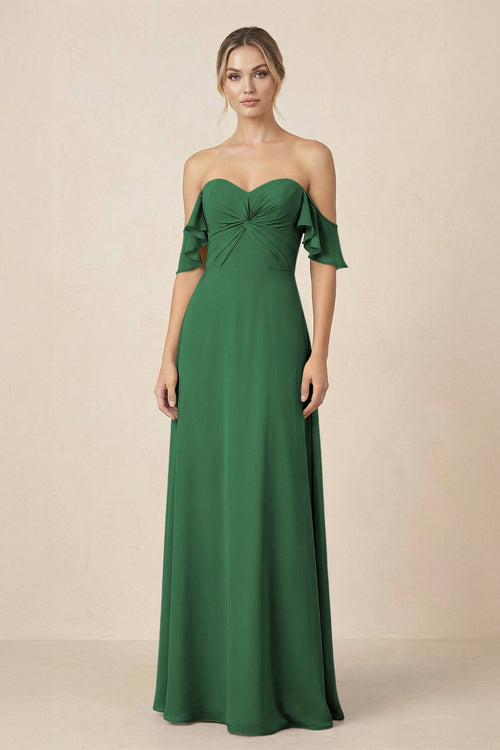 Off-the-Shoulder A-Line Chiffon Ruched Bridesmaid Dress in Dark Green - SHE IS ME BRIDESMAID DRESSES