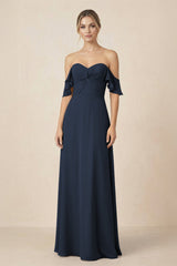 Off-the-Shoulder A-Line Chiffon Ruched Bridesmaid Dress in Dark Navy - KISS BRIDAL BRIDESMAID DRESSES