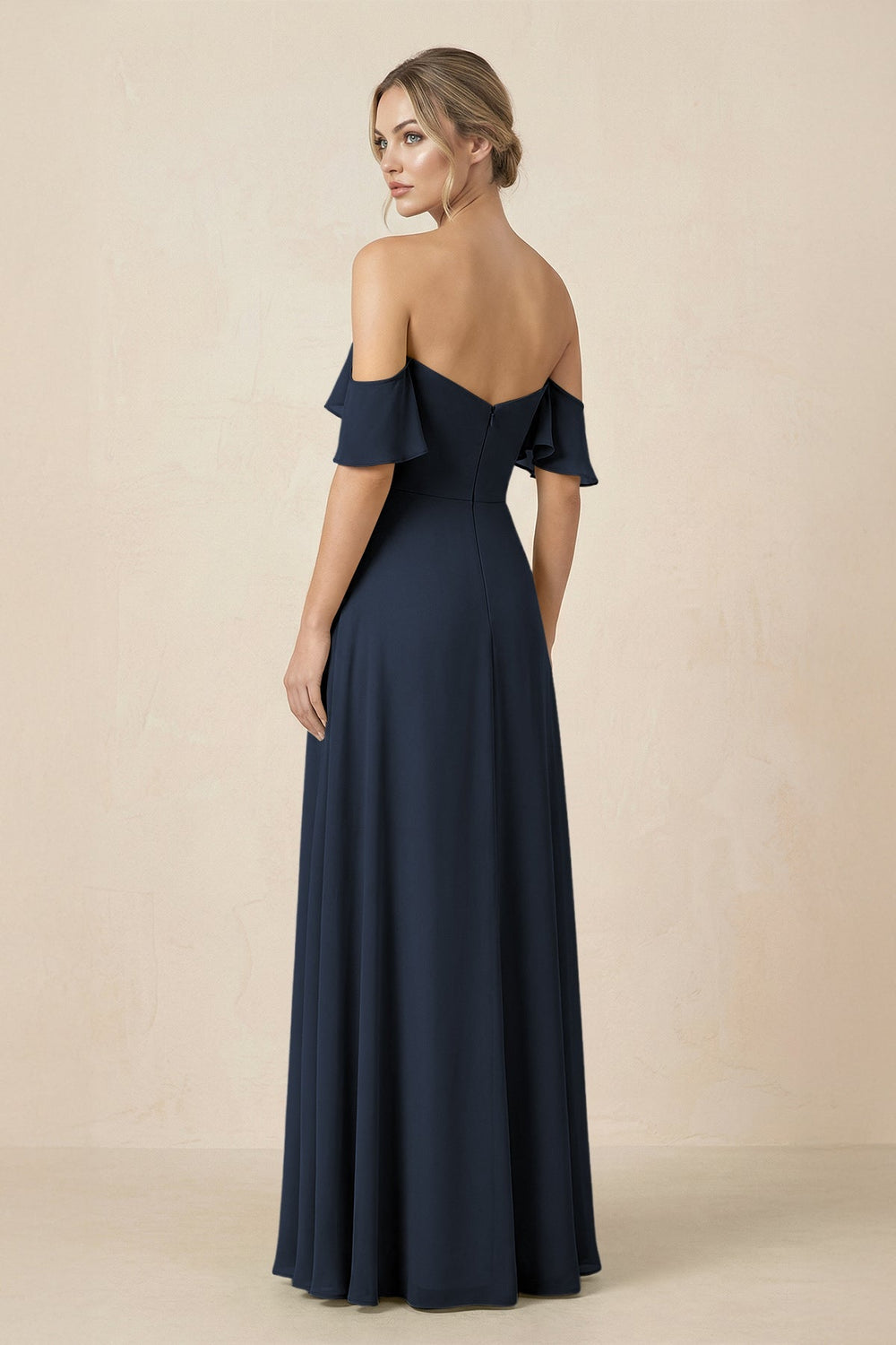 Off-the-Shoulder A-Line Chiffon Ruched Bridesmaid Dress in Dark Navy - KISS BRIDAL BRIDESMAID DRESSES