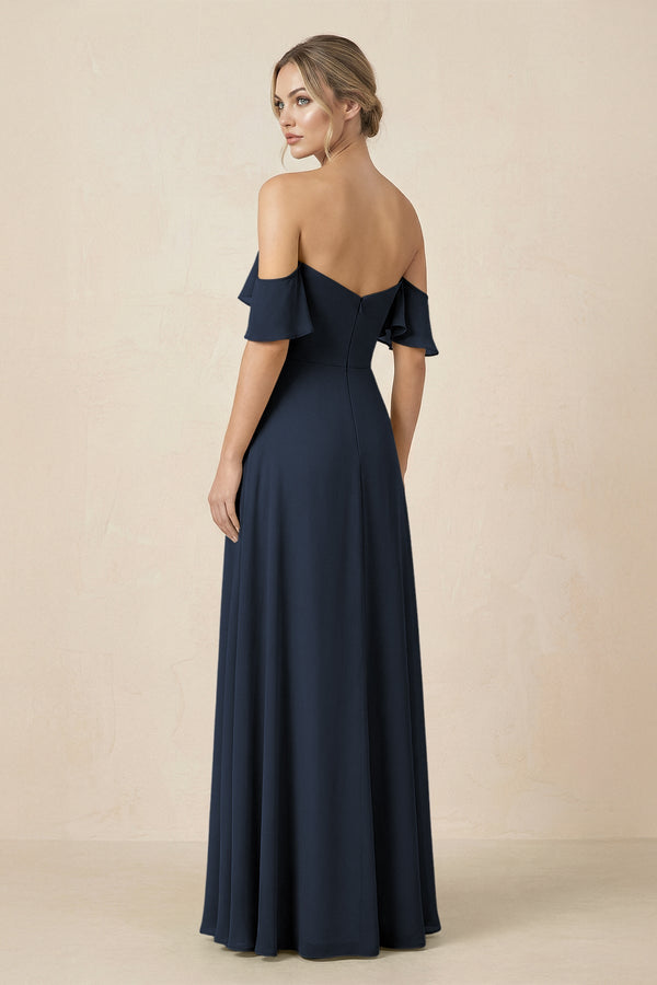 Off-the-Shoulder A-Line Chiffon Ruched Bridesmaid Dress in Dark Navy - SHE IS ME BRIDESMAID DRESSES