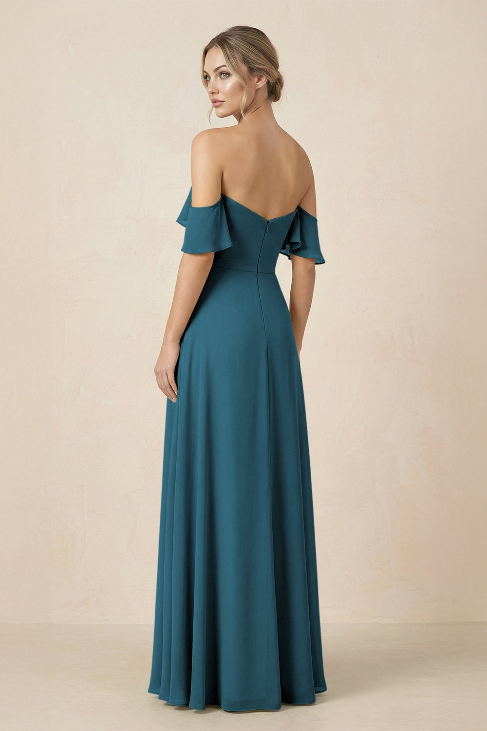 Off-the-Shoulder A-Line Chiffon Ruched Bridesmaid Dress in Dark Teal - KISS BRIDAL BRIDESMAID DRESSES