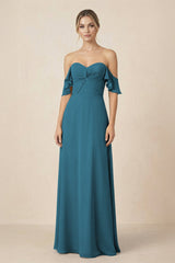 Off-the-Shoulder A-Line Chiffon Ruched Bridesmaid Dress in Dark Teal - KISS BRIDAL BRIDESMAID DRESSES