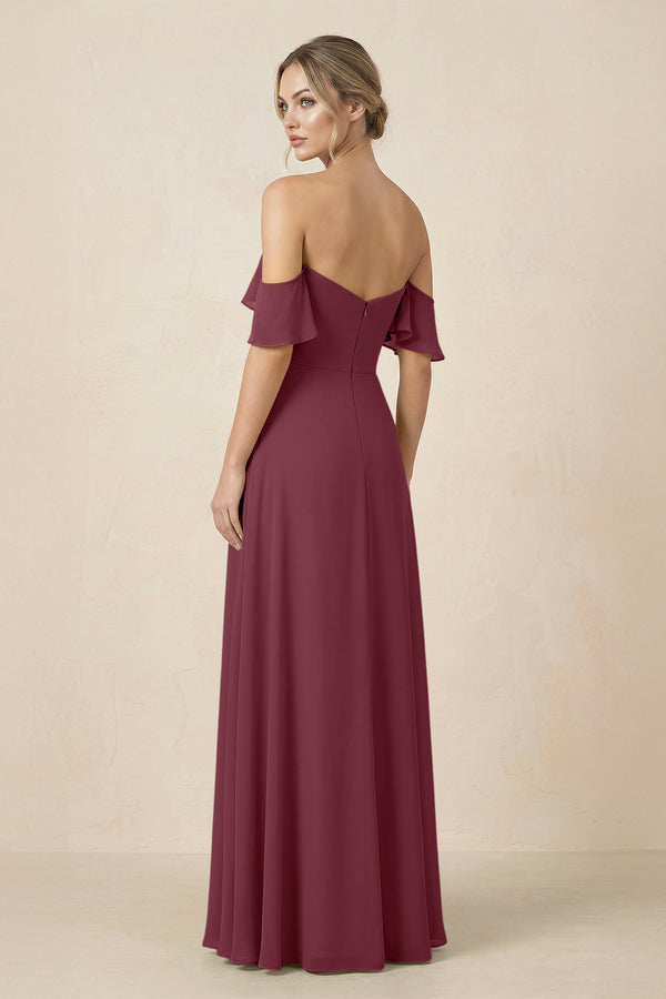 Off-the-Shoulder A-Line Chiffon Ruched Bridesmaid Dress in Desert Rose (2) | KISSBRIDAL