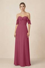 Off-the-Shoulder A-Line Chiffon Ruched Bridesmaid Dress in Desert Rose - KISS BRIDAL BRIDESMAID DRESSES