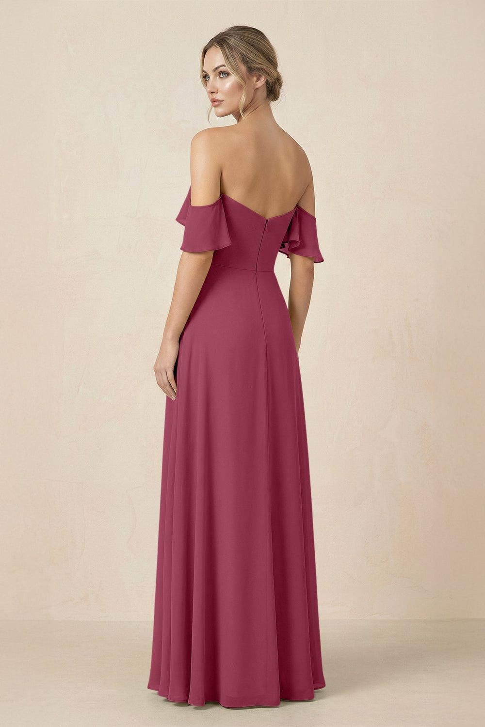 Off-the-Shoulder A-Line Chiffon Ruched Bridesmaid Dress in Desert Rose - KISS BRIDAL BRIDESMAID DRESSES