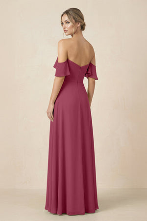 Off-the-Shoulder A-Line Chiffon Ruched Bridesmaid Dress in Desert Rose - SHE IS ME BRIDESMAID DRESSES