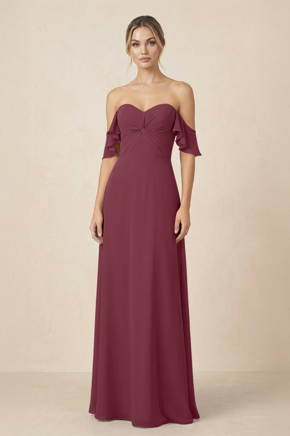 Off-the-Shoulder A-Line Chiffon Ruched Bridesmaid Dress in Desert Rose