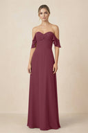 Off-the-Shoulder A-Line Chiffon Ruched Bridesmaid Dress in Desert Rose | KISSBRIDAL
