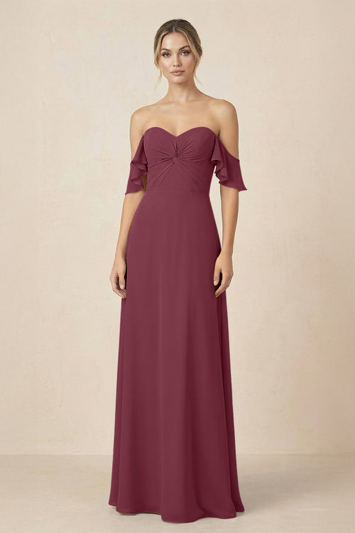 Off-the-Shoulder A-Line Chiffon Ruched Bridesmaid Dress in Desert Rose | KISSBRIDAL
