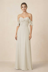 Off-the-Shoulder A-Line Chiffon Ruched Bridesmaid Dress in Dove Gray - KISS BRIDAL BRIDESMAID DRESSES