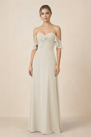 Off-the-Shoulder A-Line Chiffon Ruched Bridesmaid Dress in Dove Gray - SHE IS ME BRIDESMAID DRESSES