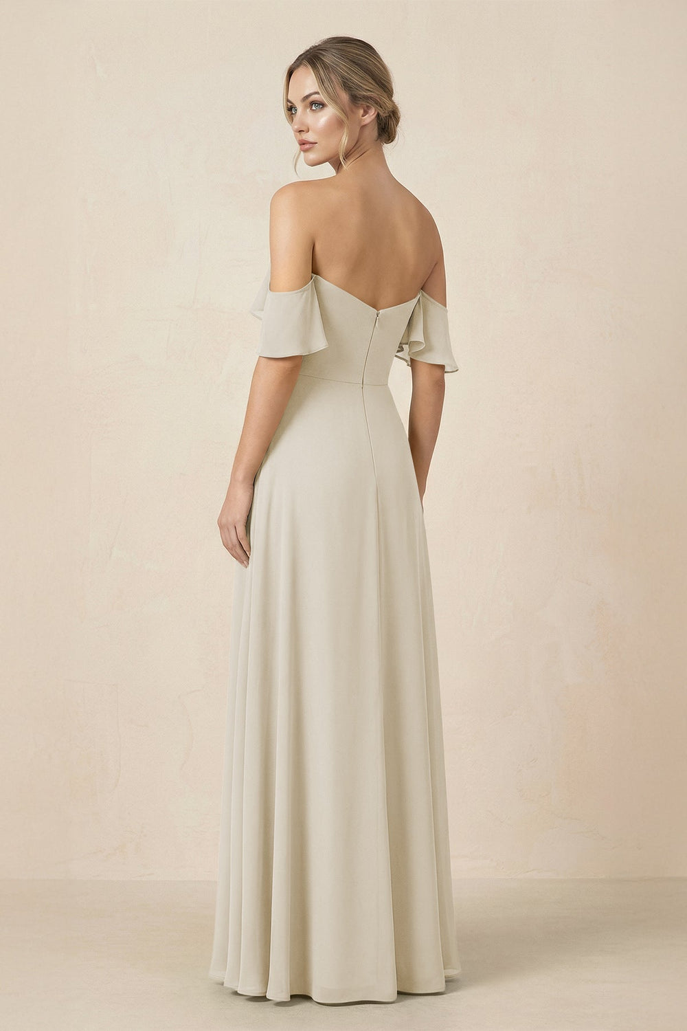 Off-the-Shoulder A-Line Chiffon Ruched Bridesmaid Dress in Dove Gray - KISS BRIDAL BRIDESMAID DRESSES