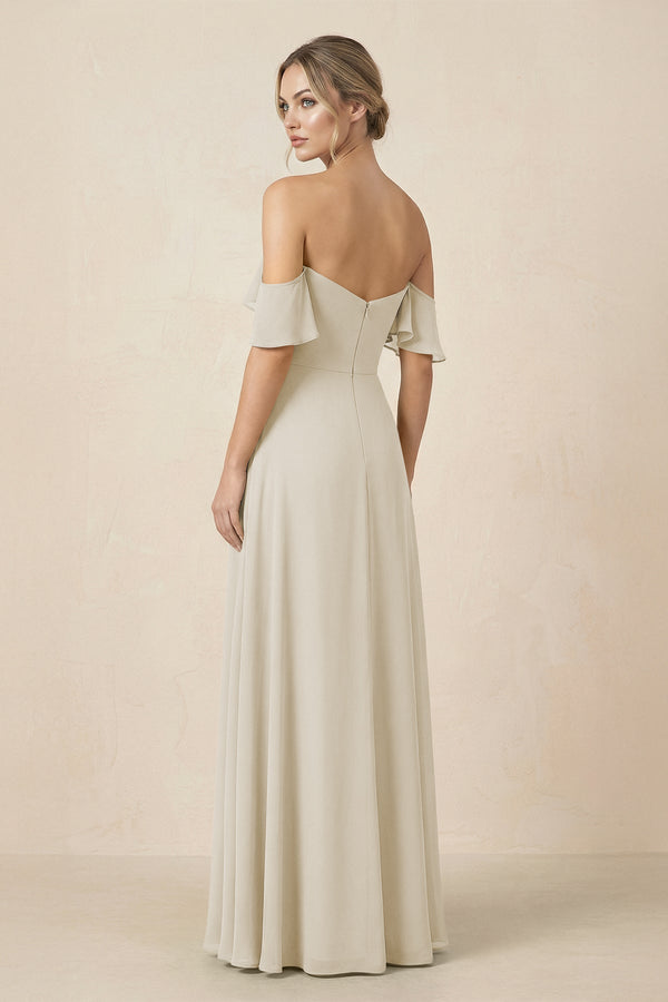 Off-the-Shoulder A-Line Chiffon Ruched Bridesmaid Dress in Dove Gray - SHE IS ME BRIDESMAID DRESSES