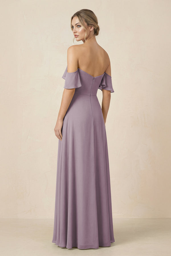 Off-the-Shoulder A-Line Chiffon Ruched Bridesmaid Dress in Dusk (2) | KISSBRIDAL