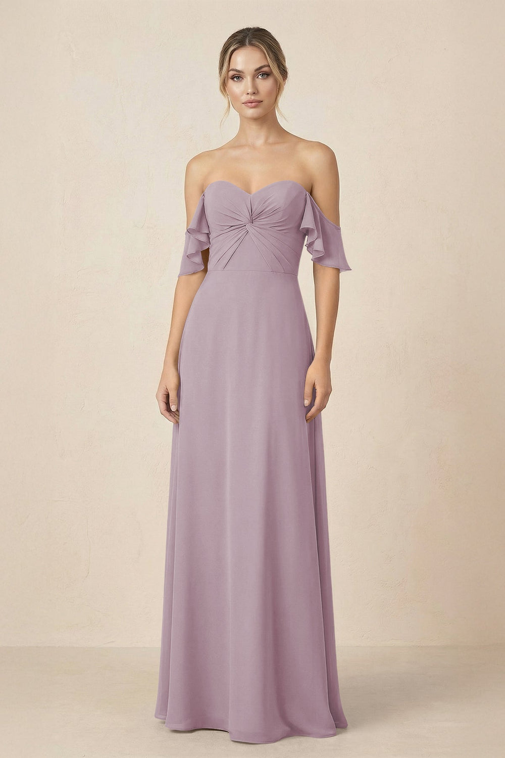 Off-the-Shoulder A-Line Chiffon Ruched Bridesmaid Dress in Dusk - KISS BRIDAL BRIDESMAID DRESSES