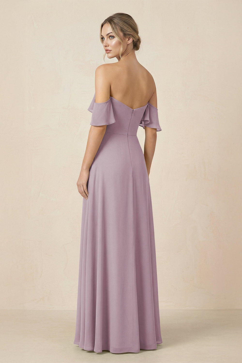 Off-the-Shoulder A-Line Chiffon Ruched Bridesmaid Dress in Dusk - KISS BRIDAL BRIDESMAID DRESSES