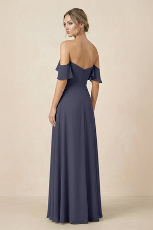 Off-the-Shoulder A-Line Chiffon Ruched Bridesmaid Dress in Dusk Blue - SHE IS ME BRIDESMAID DRESSES