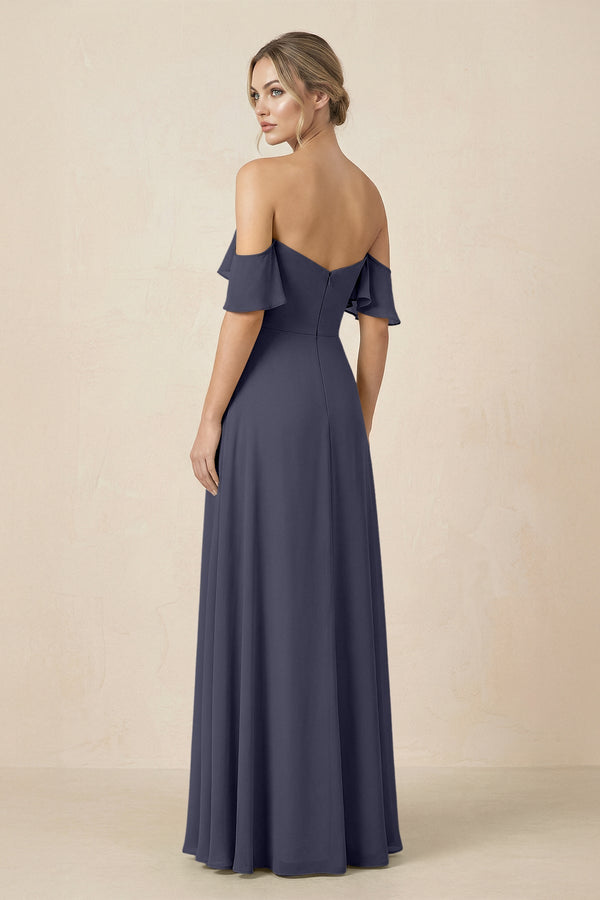 Off-the-Shoulder A-Line Chiffon Ruched Bridesmaid Dress in Dusk Blue - SHE IS ME BRIDESMAID DRESSES